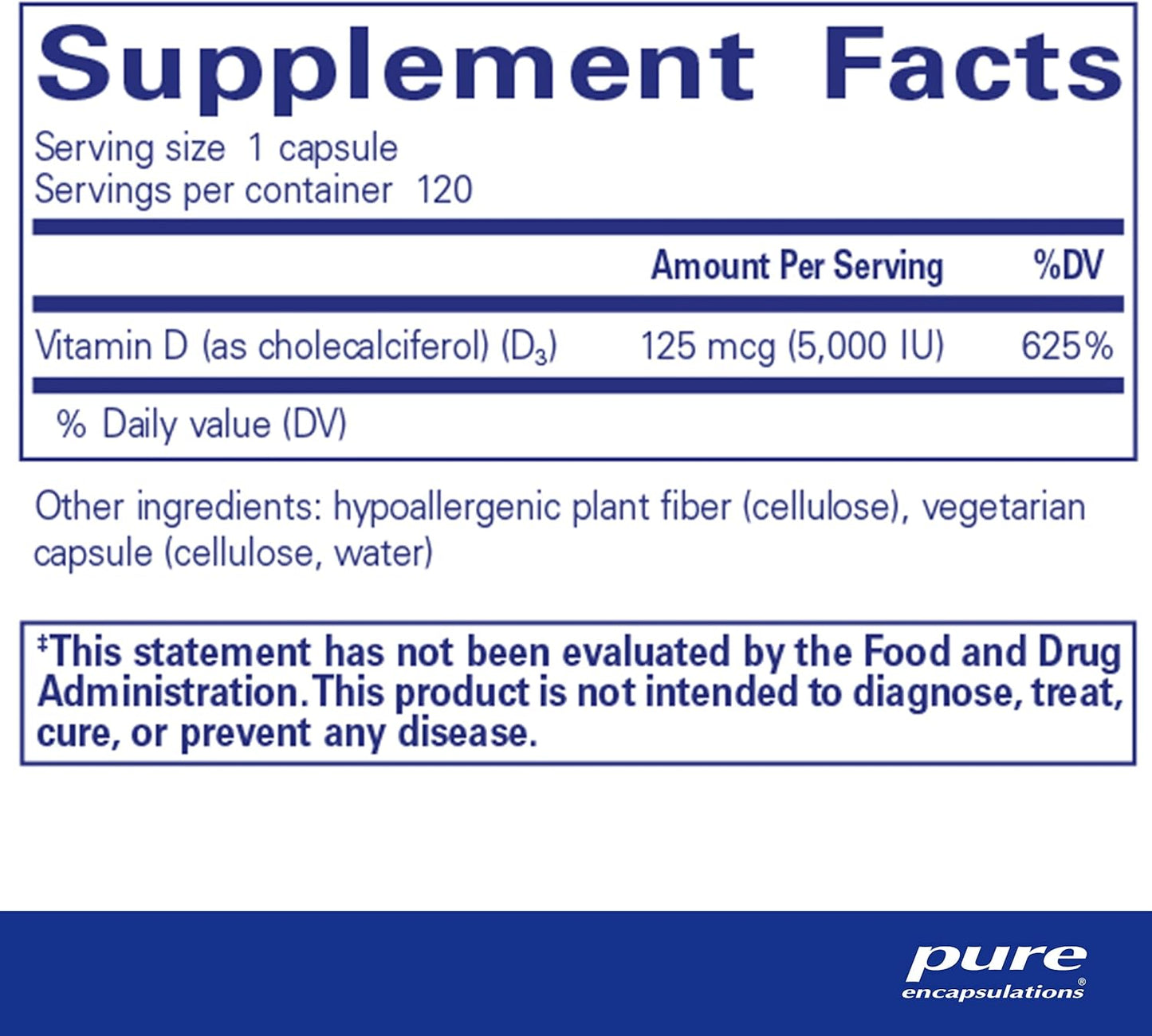 Pure Encapsulations Vitamin D3 125 mcg (5,000 IU) - Supplement to Support Bone, Joint, Breast, Heart, Colon, and Immune Health* - with Vitamin D - 120 Capsules